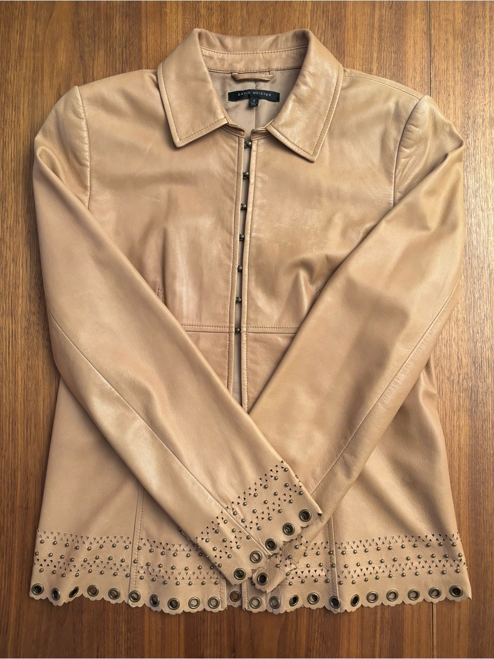 David Meister Tan Y2K Leather Jacket - Grommets, Studs, Laser-Cut Hem Size 6